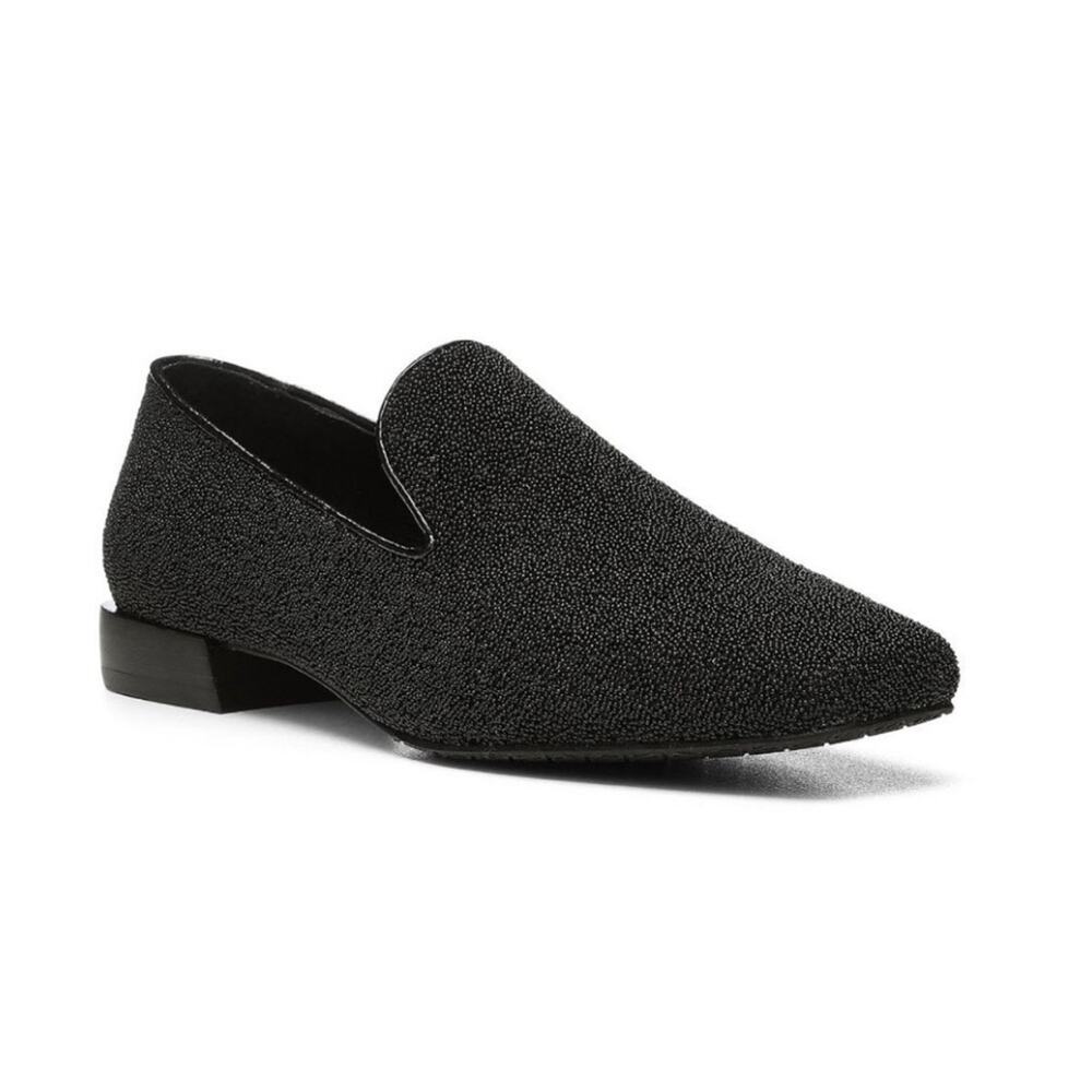 New DONALD PLINER Adeline Black Beaded Caviar Fabric Loafers Women's SIZE 7